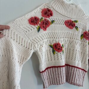Free People SM Inge Pullover Sweater Floral Knit Crop Rib Ivory Rose Spring Fall